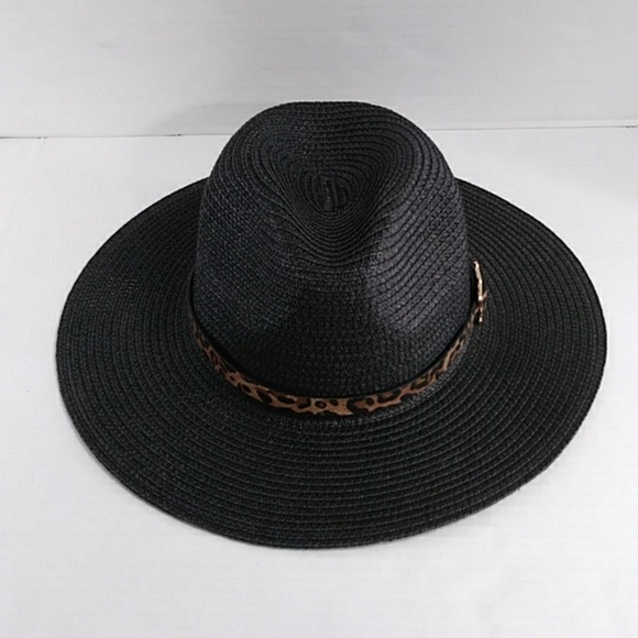 Women\'s Black Leopard Band Straw Safari Hat *NWOT* main image 7
